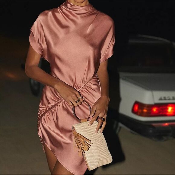 Anthropologie Ruched Asymmetrical Satin Mini Dress NEW Size 2 in Coral Pink - Picture 2 of 14